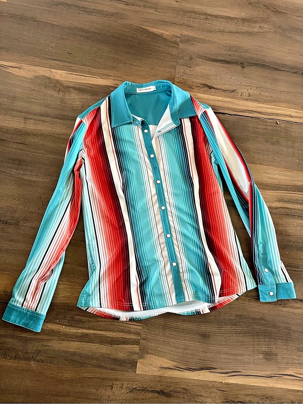Ranch Dress'n Teal Serape Performance Rodeo Shirt Blue & Red Large